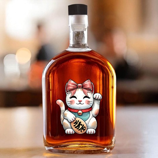 Coquette Bow Maneki Neko Japanese Cat Lucky Pink Whiskey Bottles