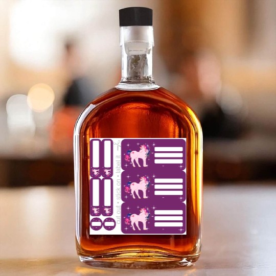 DIY Sticker Set - Fantasy Unicorn Purple - 9 Whiskey Bottles
