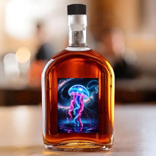 A mesmerizing neon jellyfish gracefully floating Whiskey Bottles