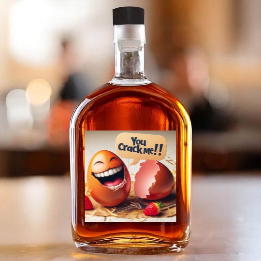 A cracked Easter egg laughing with the caption Whiskey Bottles