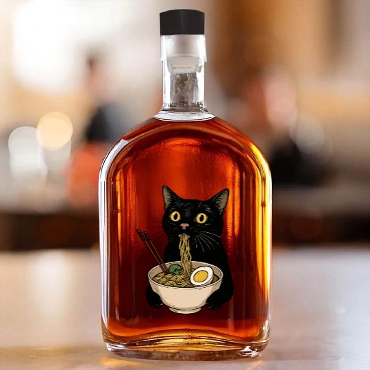 Black Cat Eating Ramen Noodles, Cute Japanese Food Whiskey Bottles