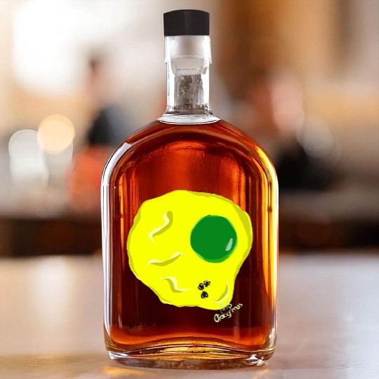 Yellow and green fried egg and flies Whiskey Bottles