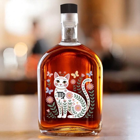 Virgo Zodiac Cat with Daisies Whiskey Bottles