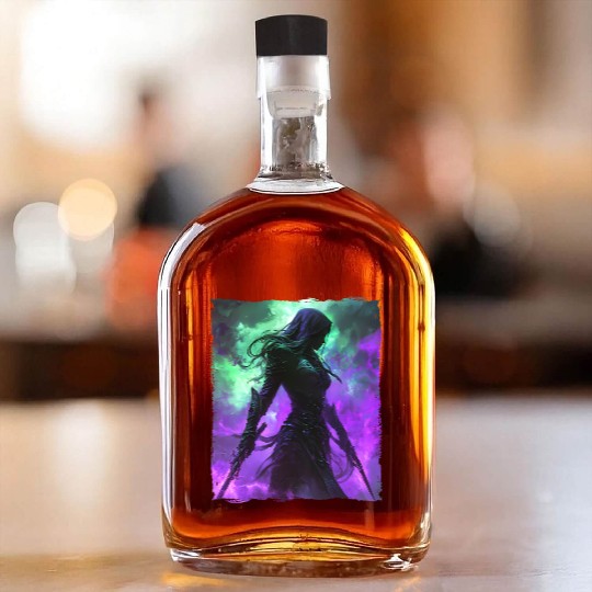 Mystical Assassin Woman In Violet Fog Fantasy Whiskey Bottles