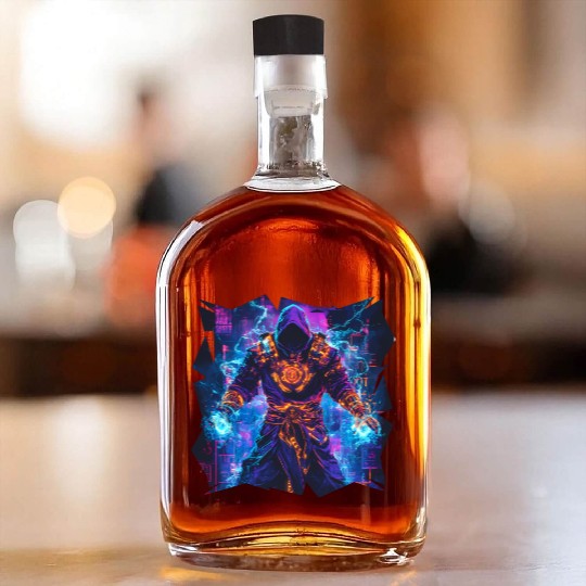Bright Magician With Energy Aura In Neon Colors Whiskey Bottles