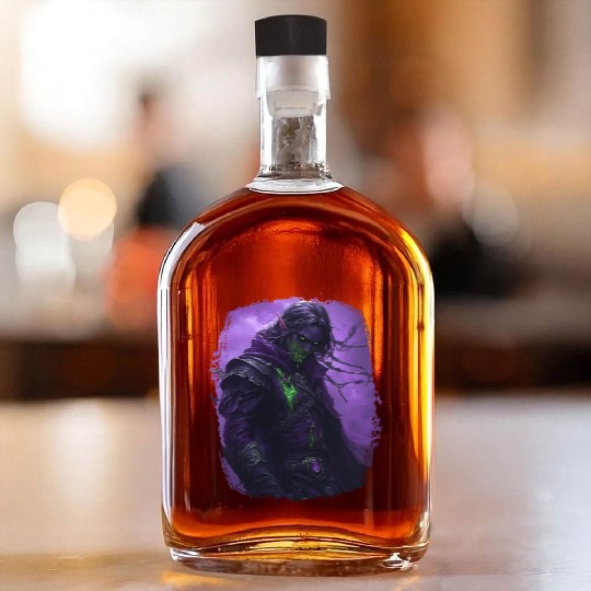 Dark Elf with Poison Magic and Purple Shadow Power Whiskey Bottles