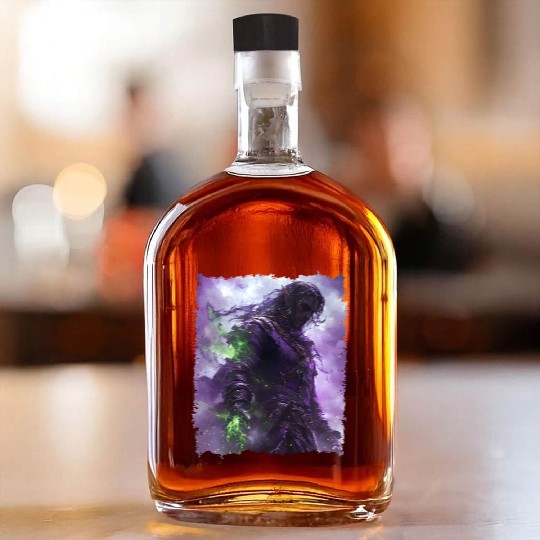 Shadow Elf with Purple Aura and Magic Power Whiskey Bottles