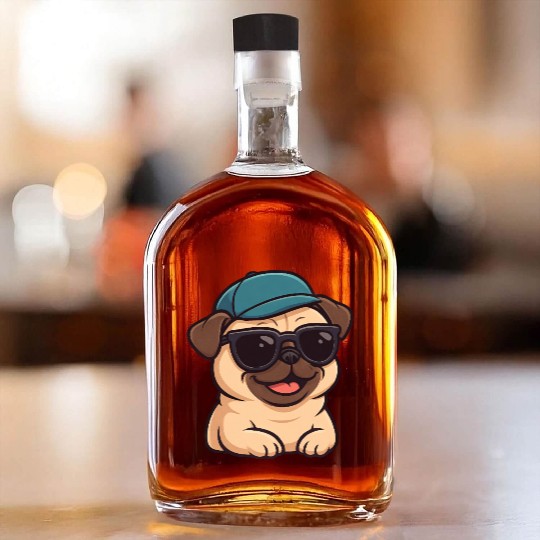 Cool pug with sunglasses summer joy cartoon Whiskey Bottles