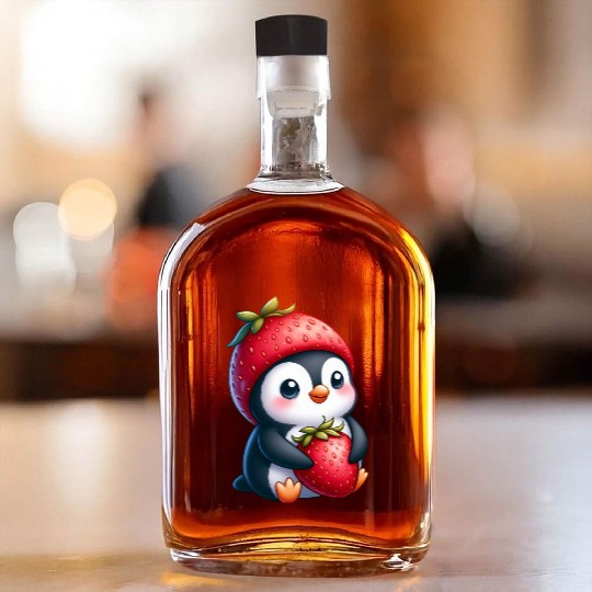 Cute penguin with strawberry cartoon summer fun Whiskey Bottles
