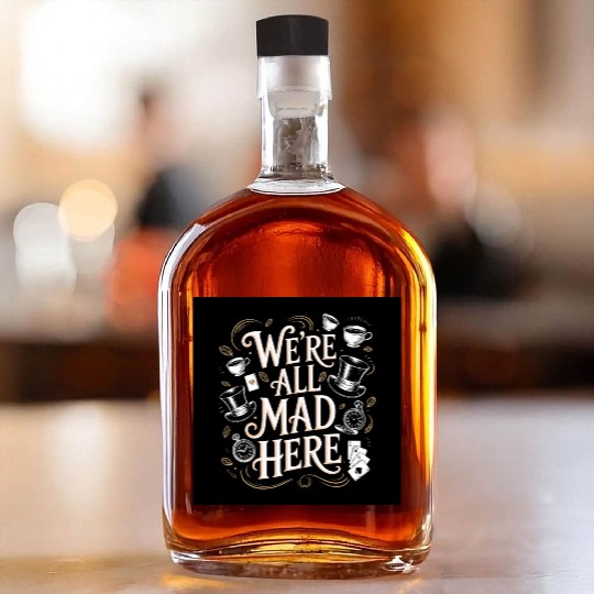We're All Mad Here - Alice in Wonderland Art Quote Whiskey Bottles