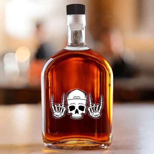 Skull Rock On Skeleton Hands Art Whiskey Bottles