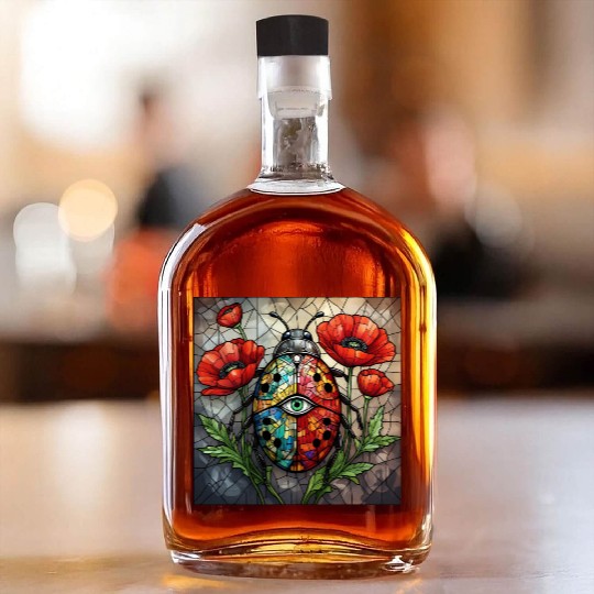 Ladybug stained glass vibrant poppy flower insect Whiskey Bottles
