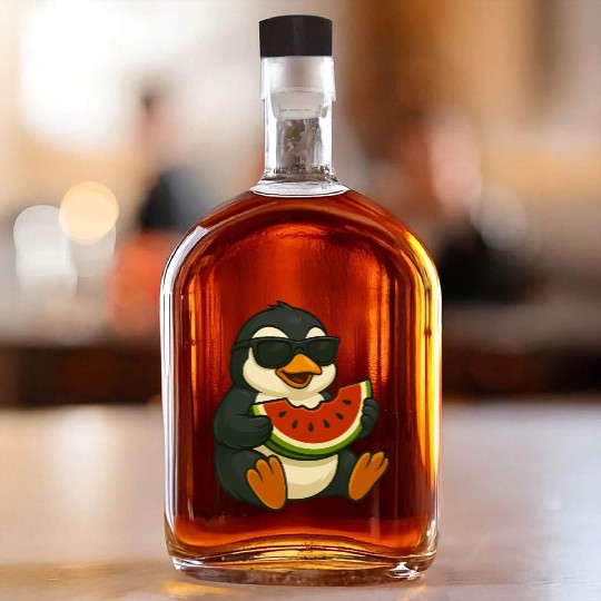 Cute penguin with watermelon fruit summer cartoon Whiskey Bottles