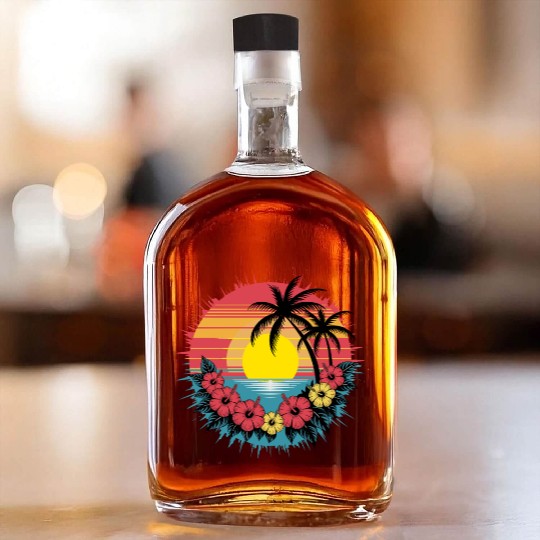 Tropical Sunset Paradise with Hibiscus and Palm Whiskey Bottles