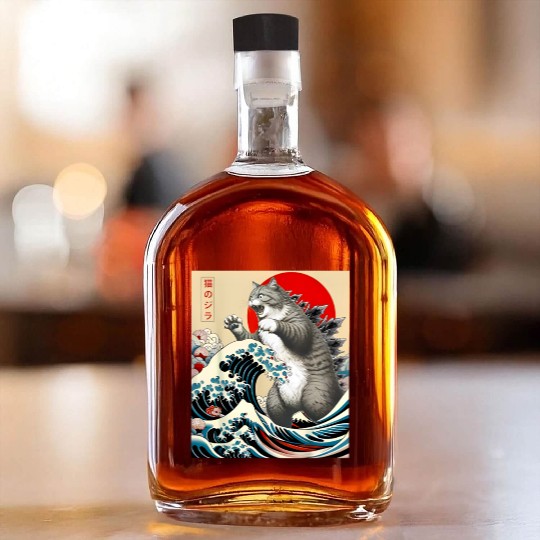 Catzilla Cat Japanese Art Funny Cat Whiskey Bottles