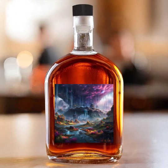 Alien Planet: Fantasy Mountain Cityscape Whiskey Bottles