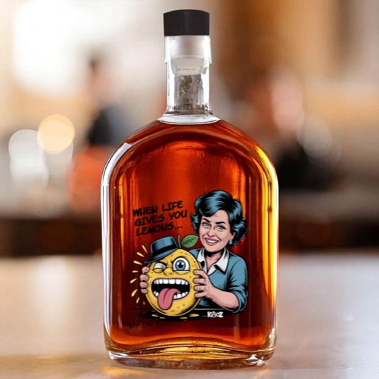 Smiling woman holding sour lemon cartoon face Whiskey Bottles