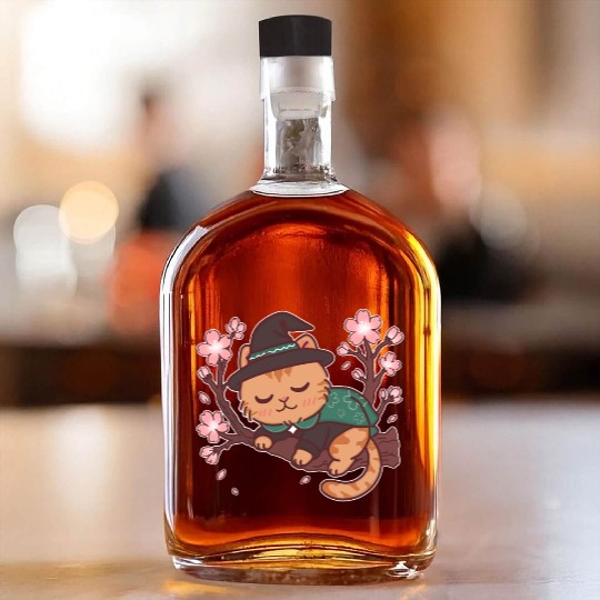 Whimsical Wizard Cat in Blooming Cherry Tree Whiskey Bottles