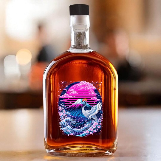 Neon Sakura Crane & Mount Fuji Scene Whiskey Bottles