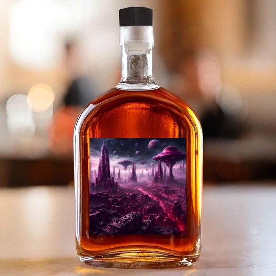 Sci-Fi Future World And Alien City in Neon Pink Whiskey Bottles