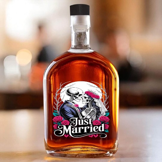 Gothic Just Married Skeletons Bride and Groom Whiskey Bottles