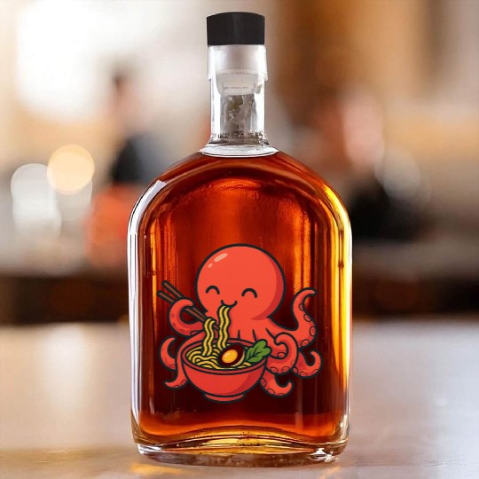 Playful Octopus with Ramen Bowl Whiskey Bottles