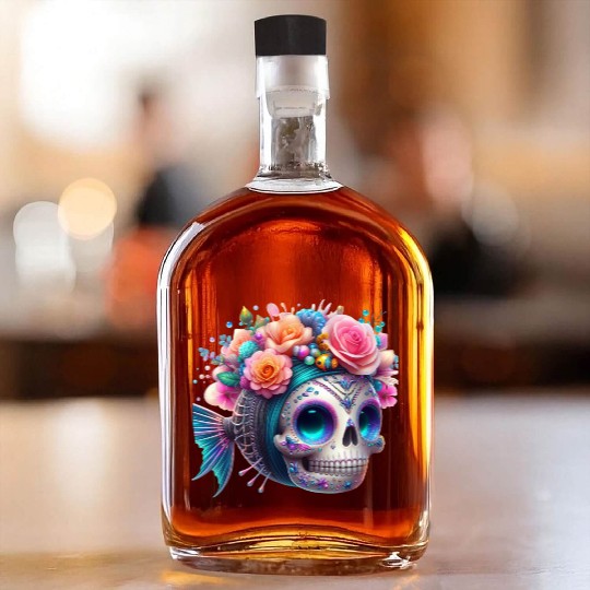Colorful Sugar Skull with Floral Crown Whiskey Bottles