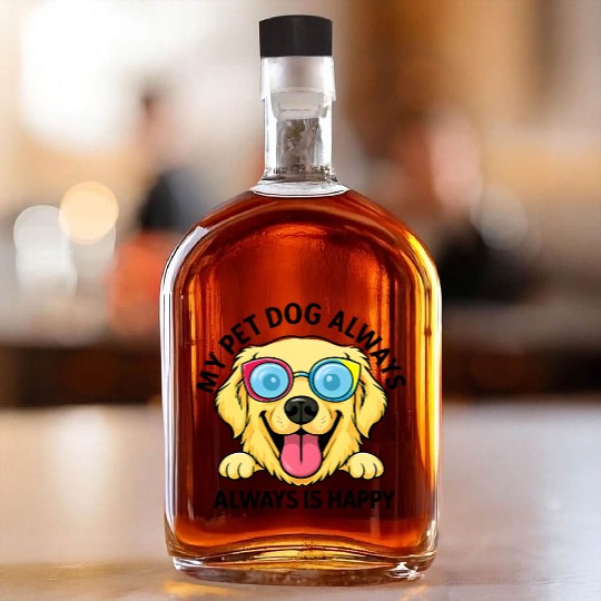 Joyful Dog with Sunglasses Illustration Whiskey Bottles