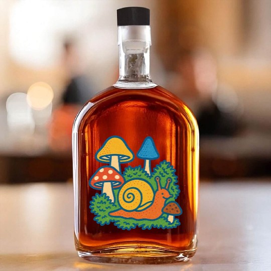 Bright Fantasy Mushroom and Snail Scene Whiskey Bottles
