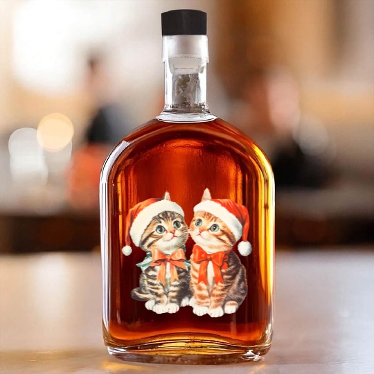 Festive Kittens in Santa Hats Whiskey Bottles