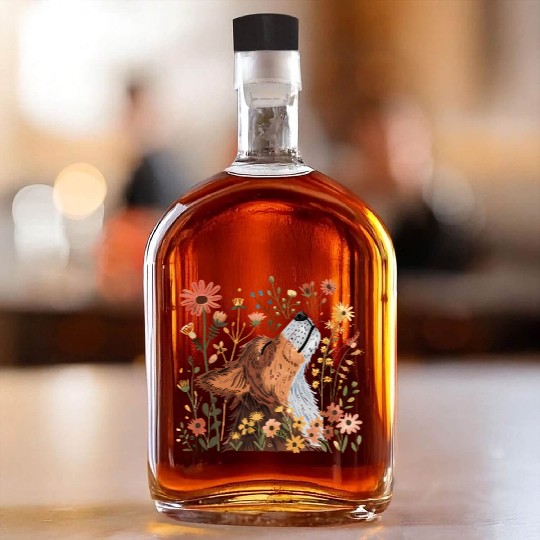 Serene Howling Wolf Amid Floral Bloom Whiskey Bottles