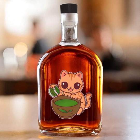 Kawaii Cat Barista Making Matcha Tea Whiskey Bottles