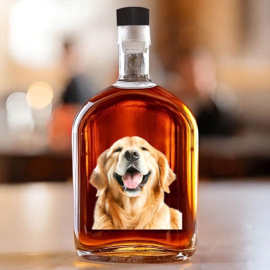Joyful Golden Retriever Illustration Whiskey Bottles