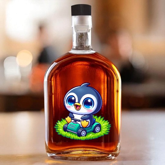 Cute penguin with lawn mower gardening Whiskey Bottles