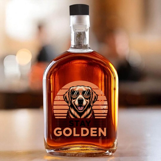 Golden Retriever with Sunglasses Illustration Whiskey Bottles