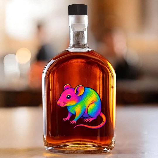 Vibrant Rainbow Rat Illustration Whiskey Bottles