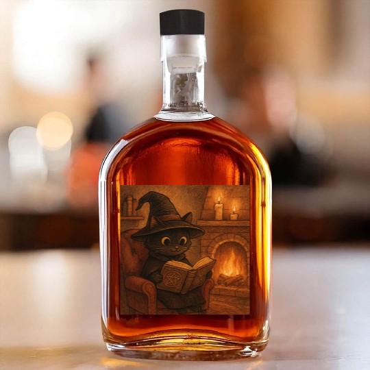 Enchanted Cat Witch by the Fireplace Whiskey Bottles
