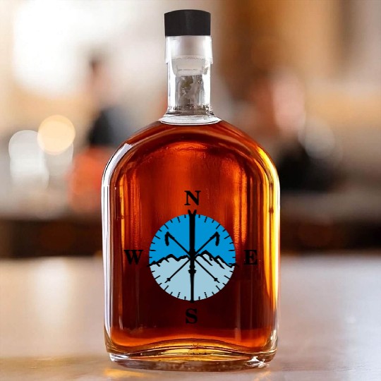 Skiing, skis, mountains and compass with degrees Whiskey Bottles
