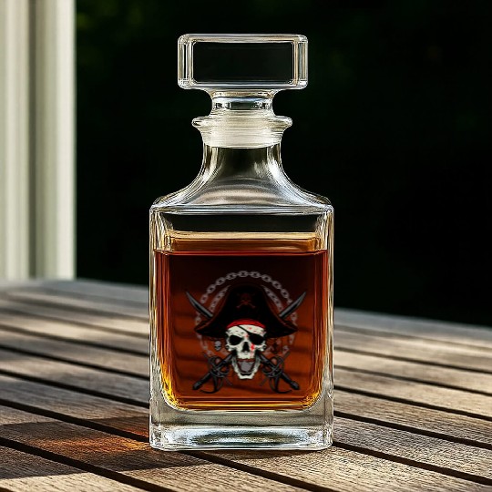 Ahoy Buccaneers Avast Ye motif of Pirate Skull Whiskey Decanters