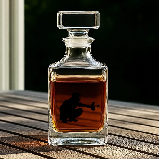 Baseball catcher waiting to catch a pitch Whiskey Decanters