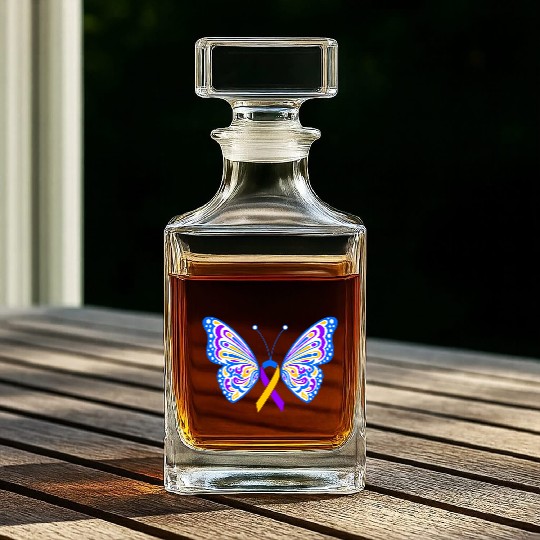 Bladder Cancer Purple Yellow Blue Ribbon Butterfly Whiskey Decanters