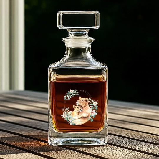 Mommy and Baby Lion in a Floral Gold Wreath Frame Whiskey Decanters