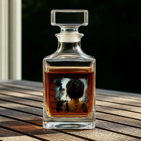 Kid in war looking at explosion 2 AI painting Whiskey Decanters