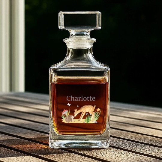 Forest Animal Deer Hedgehog Flowers Name Charlotte Whiskey Decanters
