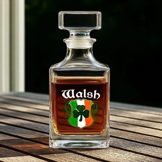 Walsh Irish Surname Ireland Flag Shield Shamrock Whiskey Decanters