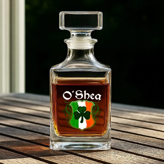 O'Shea Irish Surname Ireland Flag Shield Shamrock Whiskey Decanters