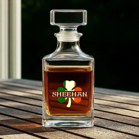 Sheehan Irish Surname Ireland Flag Shamrock Whiskey Decanters