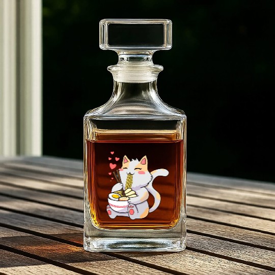Funny Kawaii Cat Eating Ramen - Kawaii Neko Cat Whiskey Decanters