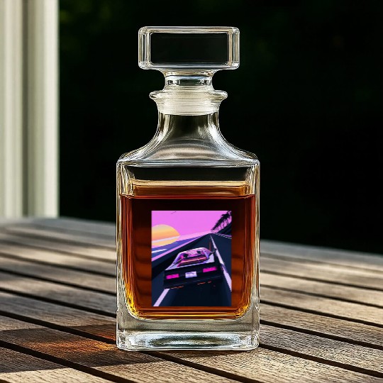Vaporwave Aesthetic Sports Car Driving Into A Whiskey Decanters