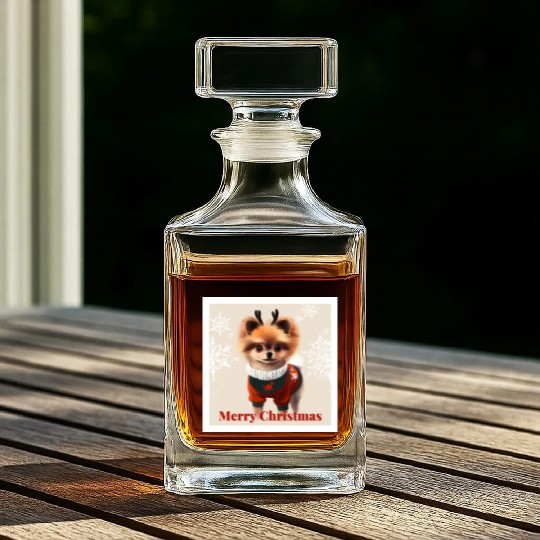 Sweet Miniature Spitz pomeranian in a Christmas. Whiskey Decanters